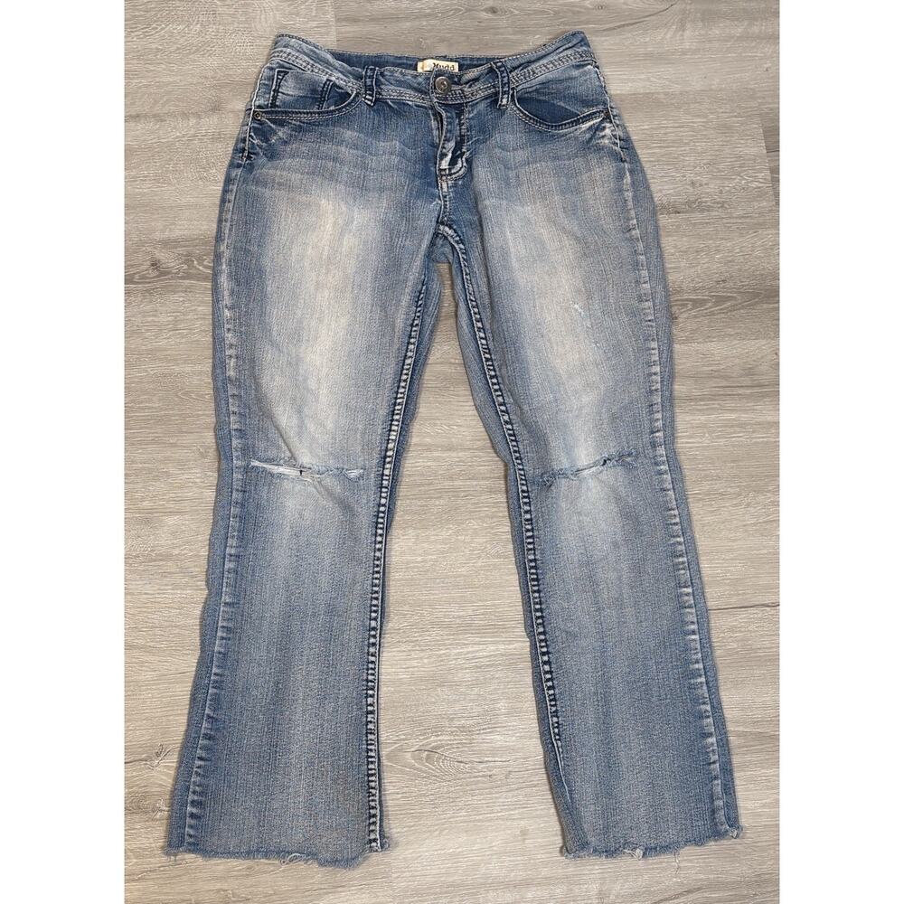 Vintage Y2K Mudd Jeans Womens Size‎ 14R Flare Leg low Rise Distressed Raw Denim